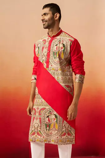Men maroon cotton digital print kurta - premium figures print traditional festive wear
