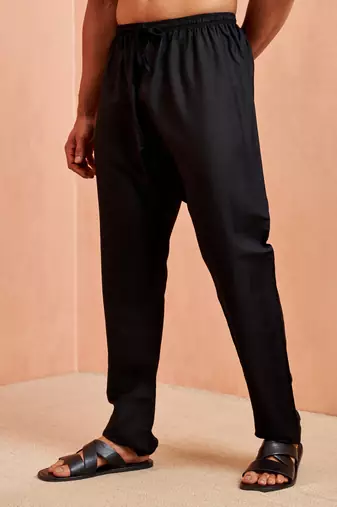Men black viscose pyjama - solid pattern drawstring elastic waist festive ethnic wear
