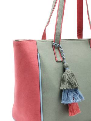 Hue Sage Green & Pastel Multi Cotton Canvas Colourblocked Tote Bag 7