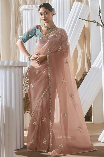 light peach tissue silk blend designer border with tussel on pallu & digital printed blouse party wear saree