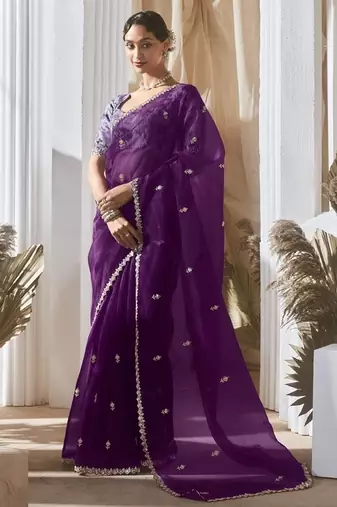 dark purple tissue silk blend sequince work designer border with digital printed blouse party wear saree