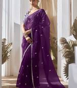 dark purple tissue silk blend sequince work designer border with digital printed blouse party wear saree
