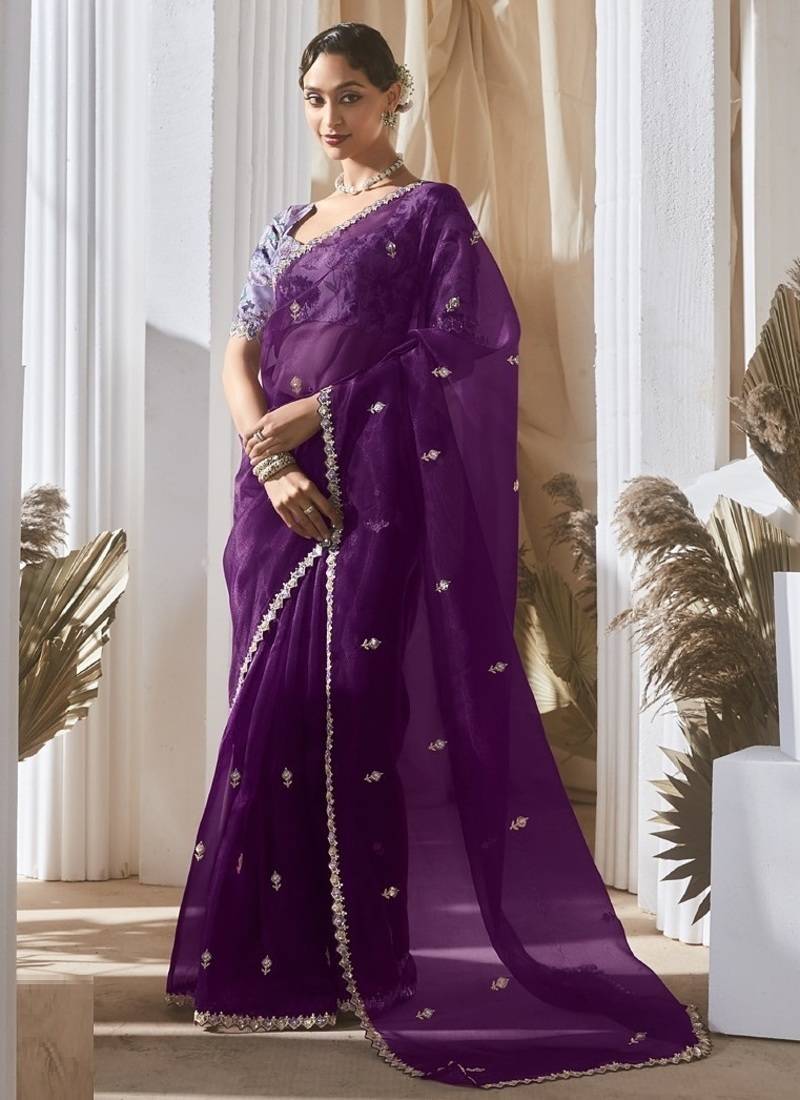 dark purple tissue silk blend sequince work designer border with digital printed blouse party wear saree