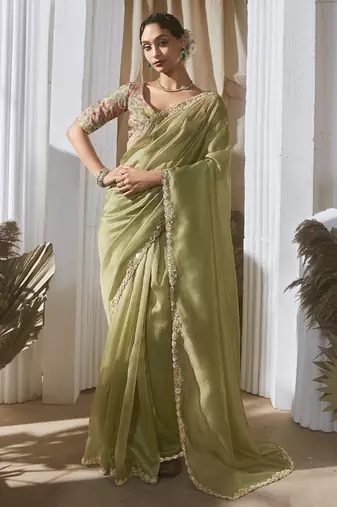 olive tissue silk blend sequince work designer border with digital printed blouse party wear saree