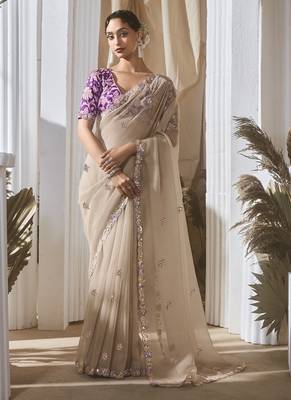 beige tissue silk blend sequince work designer border with digital printed blouse party wear saree 1