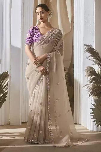 beige tissue silk blend sequince work designer border with digital printed blouse party wear saree