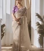 beige tissue silk blend sequince work designer border with digital printed blouse party wear saree