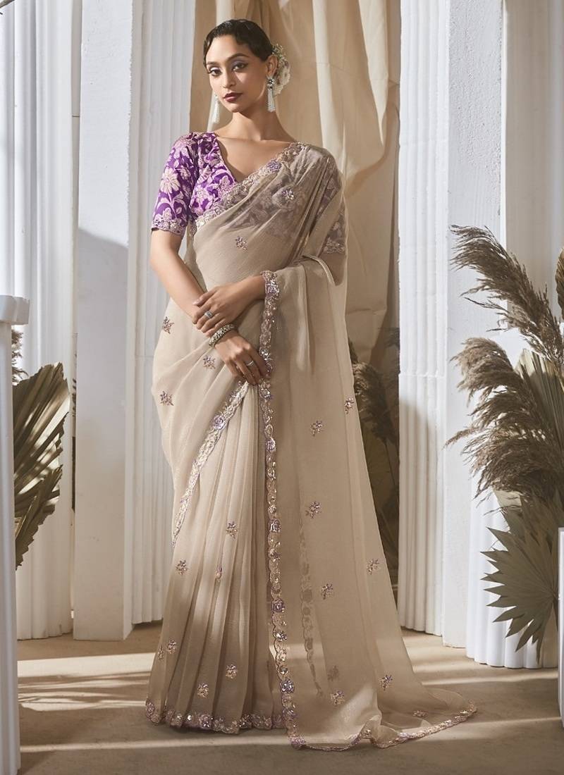 beige tissue silk blend sequince work designer border with digital printed blouse party wear saree