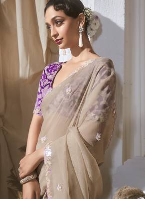 beige tissue silk blend sequince work designer border with digital printed blouse party wear saree 2