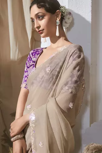 beige tissue silk blend sequince work designer border with digital printed blouse party wear saree