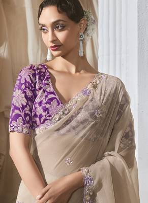 beige tissue silk blend sequince work designer border with digital printed blouse party wear saree 3