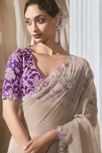 beige tissue silk blend sequince work designer border with digital printed blouse party wear saree