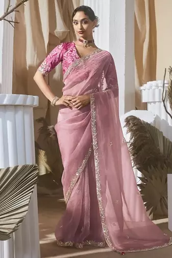 baby pink tissue silk blend sequince work designer border with digital printed blouse party wear saree