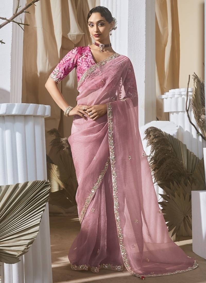 baby pink tissue silk blend sequince work designer border with digital printed blouse party wear saree
