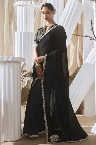 black tissue silk blend sequince work designer border with digital printed blouse party wear saree