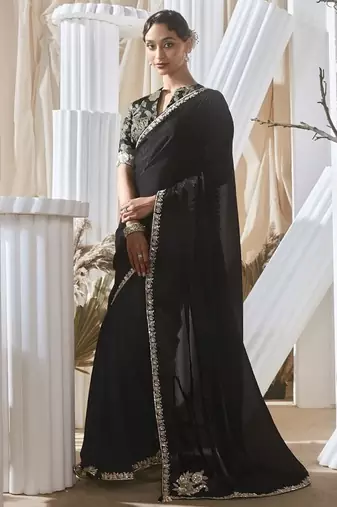 black tissue silk blend sequince work designer border with digital printed blouse party wear saree