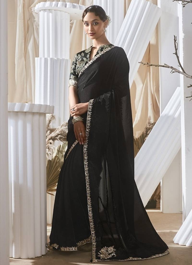 black tissue silk blend sequince work designer border with digital printed blouse party wear saree