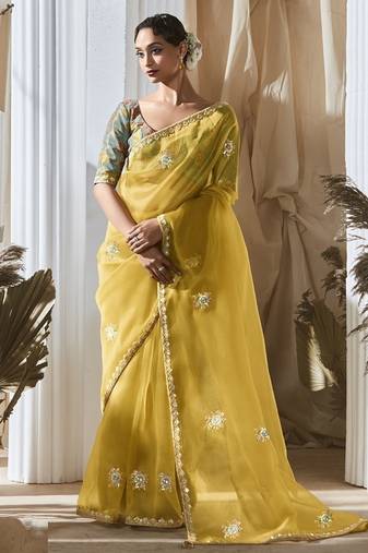yellow tissue silk blend sequince work designer border with digital printed blouse party wear saree