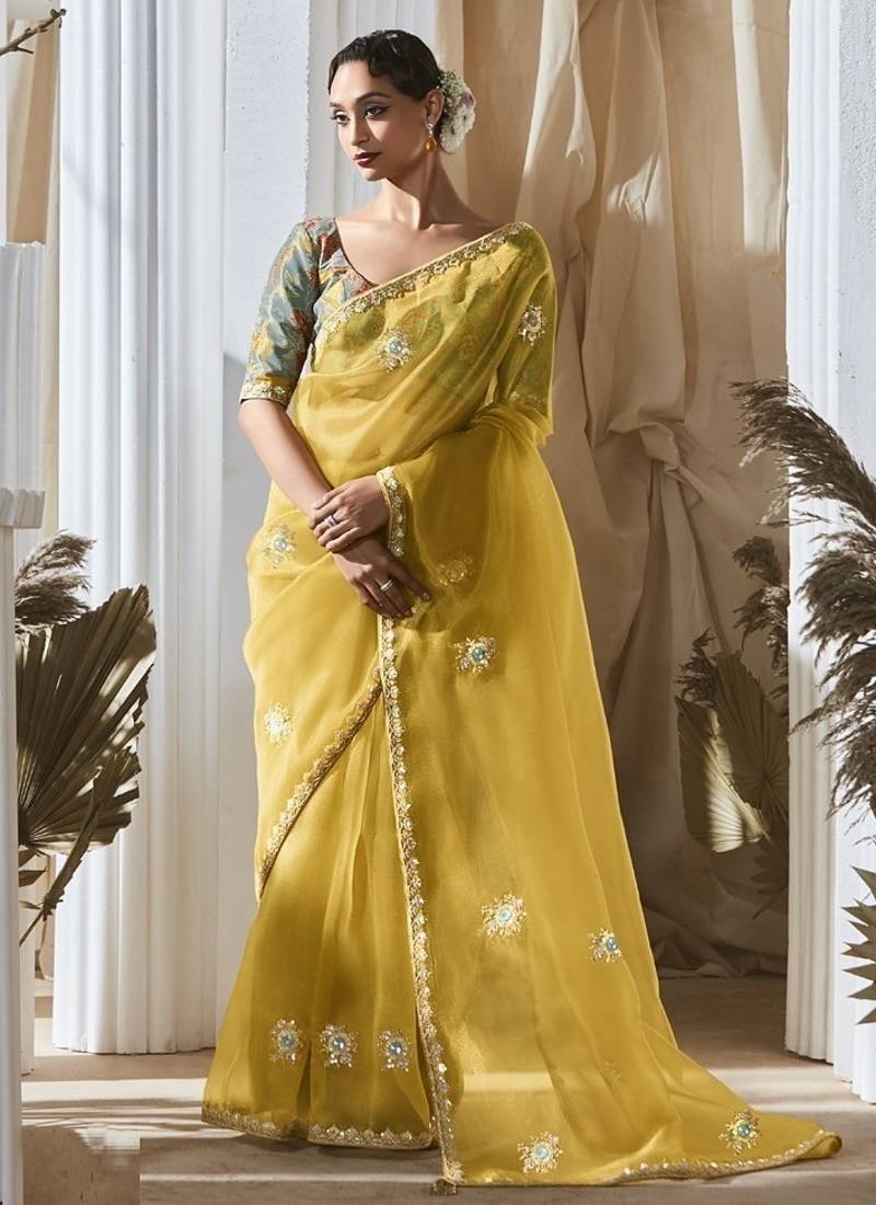 yellow tissue silk blend sequince work designer border with digital printed blouse party wear saree