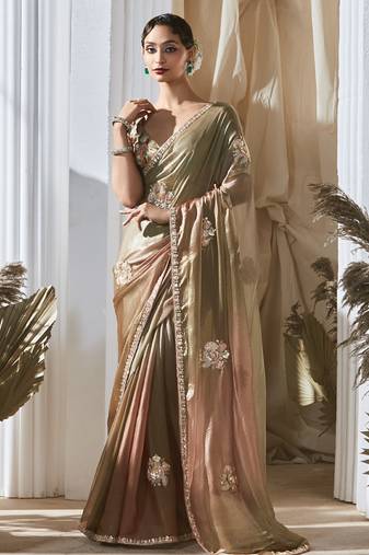 bronze tissue silk blend sequince work designer border with digital printed blouse party wear saree