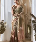 bronze tissue silk blend sequince work designer border with digital printed blouse party wear saree
