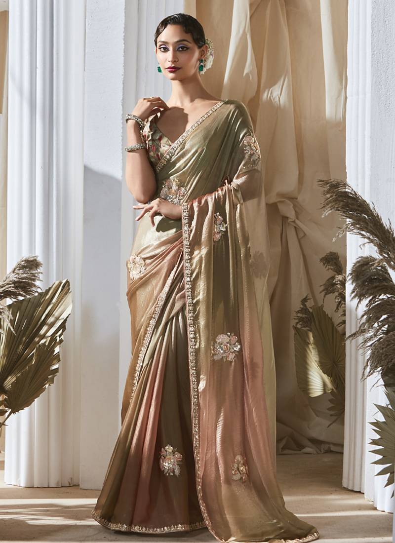 bronze tissue silk blend sequince work designer border with digital printed blouse party wear saree