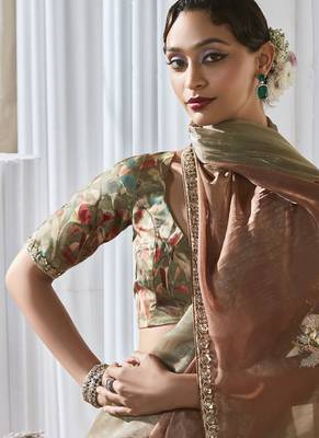 bronze tissue silk blend sequince work designer border with digital printed blouse party wear saree 2