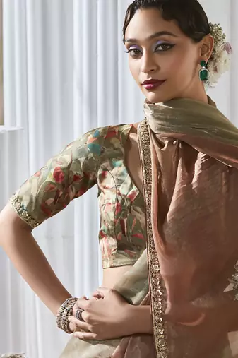bronze tissue silk blend sequince work designer border with digital printed blouse party wear saree