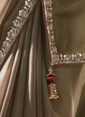 bronze tissue silk blend sequince work designer border with digital printed blouse party wear saree 3