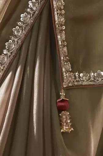 bronze tissue silk blend sequince work designer border with digital printed blouse party wear saree
