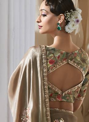 bronze tissue silk blend sequince work designer border with digital printed blouse party wear saree 4