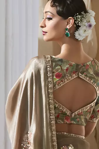 bronze tissue silk blend sequince work designer border with digital printed blouse party wear saree