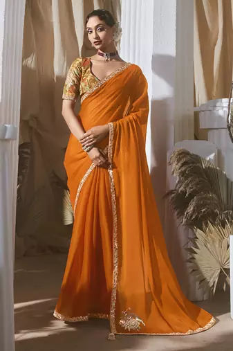 orange tissue silk blend sequince work designer border with tussel on pallu & digital printed blouse party wear saree