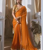 orange tissue silk blend sequince work designer border with tussel on pallu & digital printed blouse party wear saree