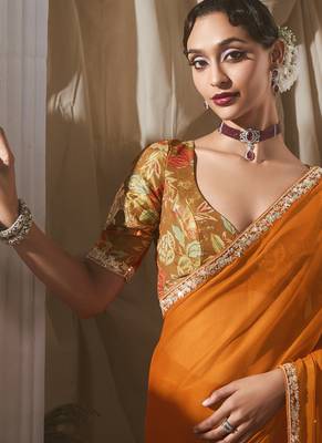 orange tissue silk blend sequince work designer border with tussel on pallu & digital printed blouse party wear saree 2