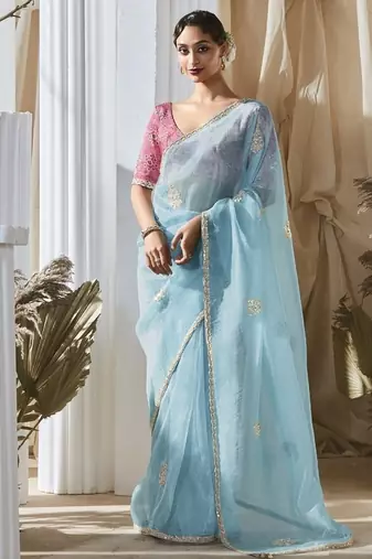 sky blue tissue silk blend sequince work designer border with tussel on pallu & digital printed blouse party wear saree