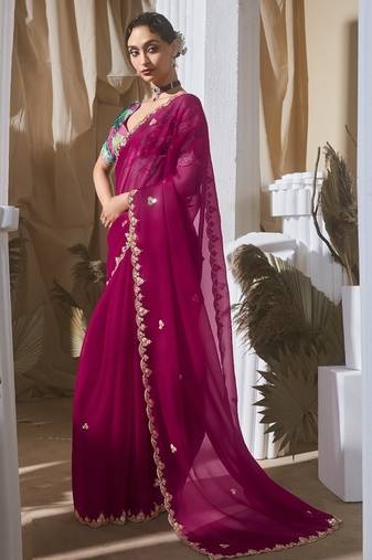 rani pink tissue silk blend sequince work designer border with digital printed blouse party wear saree