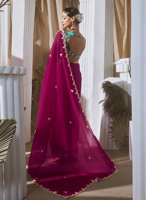 rani pink tissue silk blend sequince work designer border with digital printed blouse party wear saree 2