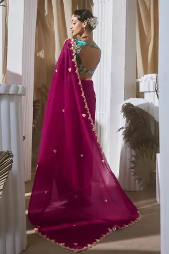 rani pink tissue silk blend sequince work designer border with digital printed blouse party wear saree