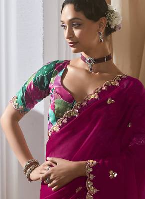 rani pink tissue silk blend sequince work designer border with digital printed blouse party wear saree 3
