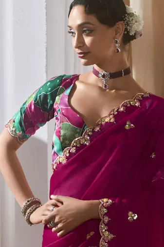 rani pink tissue silk blend sequince work designer border with digital printed blouse party wear saree