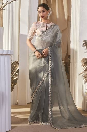 gray tissue silk blend sequince work designer border with tussel on pallu & digital printed blouse party wear saree