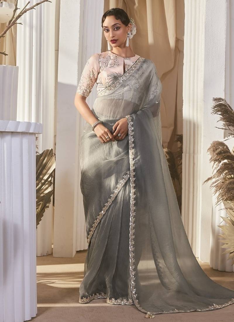 gray tissue silk blend sequince work designer border with tussel on pallu & digital printed blouse party wear saree