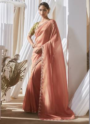 salmon tissue silk blend sequince work designer border with tussel on pallu & digital printed blouse party wear saree 1