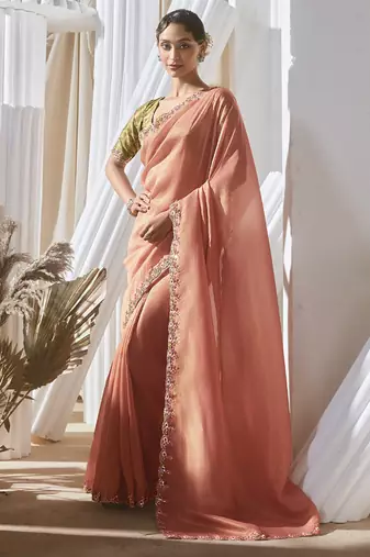 salmon tissue silk blend sequince work designer border with tussel on pallu & digital printed blouse party wear saree