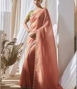 salmon tissue silk blend sequince work designer border with tussel on pallu & digital printed blouse party wear saree