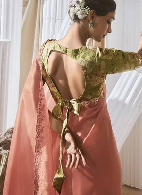salmon tissue silk blend sequince work designer border with tussel on pallu & digital printed blouse party wear saree 2