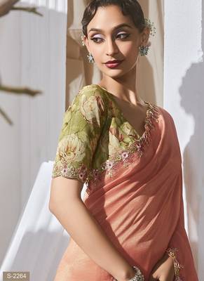 salmon tissue silk blend sequince work designer border with tussel on pallu & digital printed blouse party wear saree 3