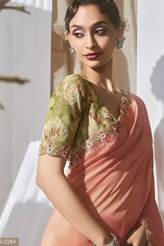 salmon tissue silk blend sequince work designer border with tussel on pallu & digital printed blouse party wear saree