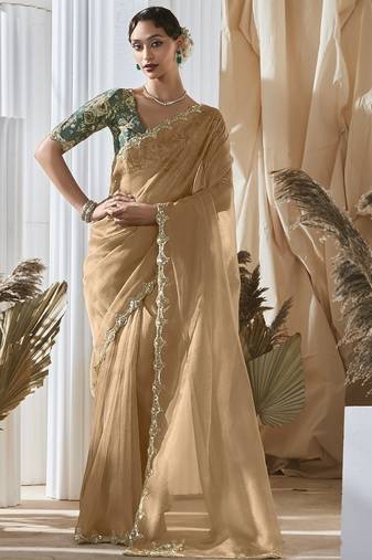 cream tissue silk blend sequince work designer border with digital printed blouse party wear saree